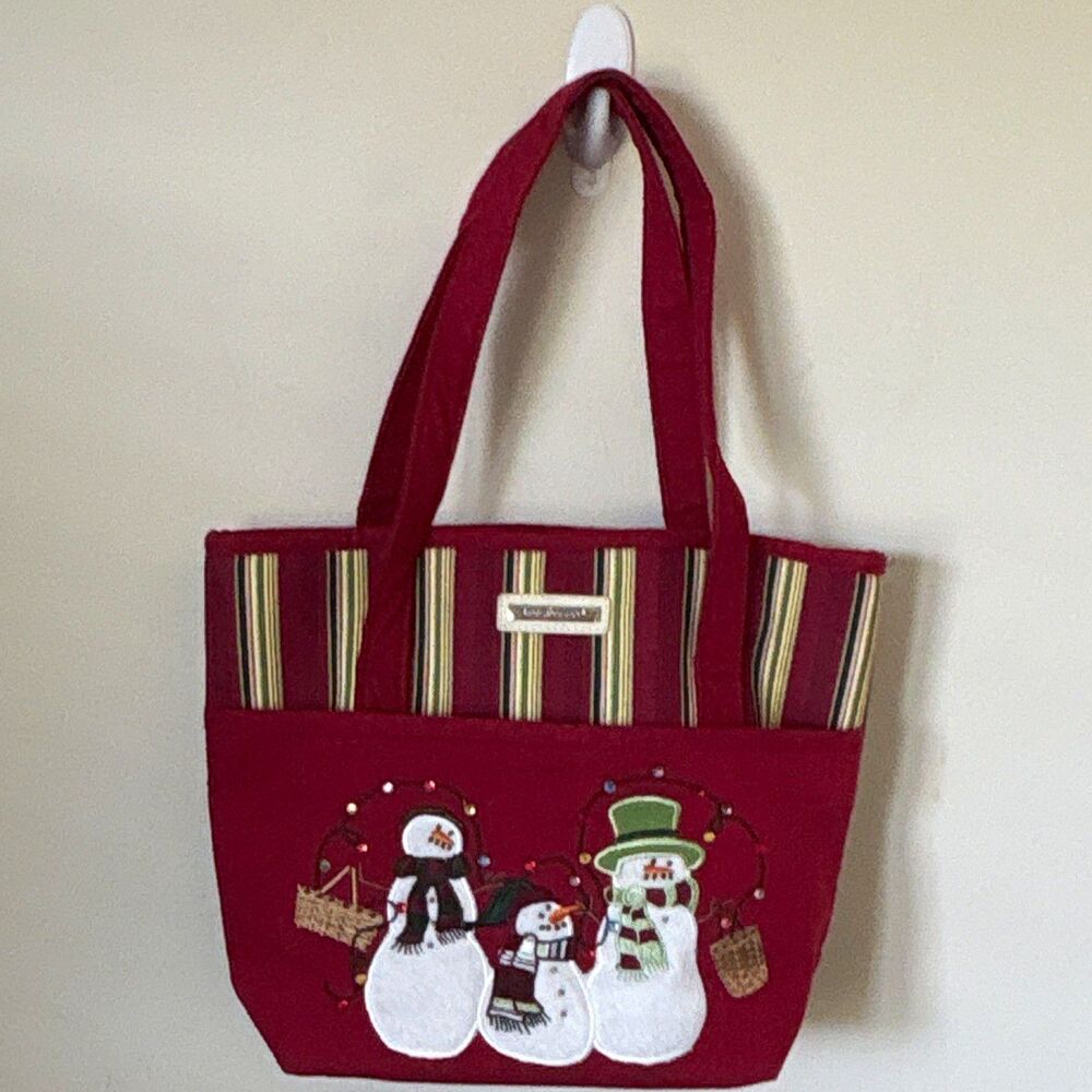 Longaberger Homestead Red Striped Christmas Snowman Embroidered Lined Tote